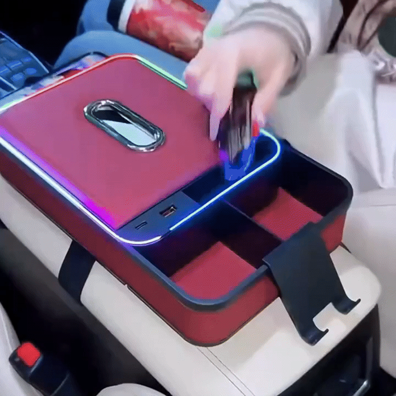 Universal Car Handrail Box with Phone Holder, Cup Slot & Ambient Lights